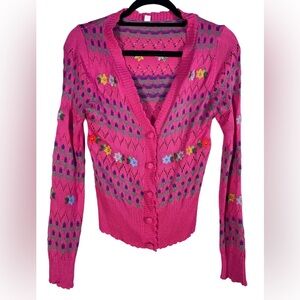 Bright Pink Embroidered Cardigan - Floral Knit, Boho, and Cozy Vintage Style!